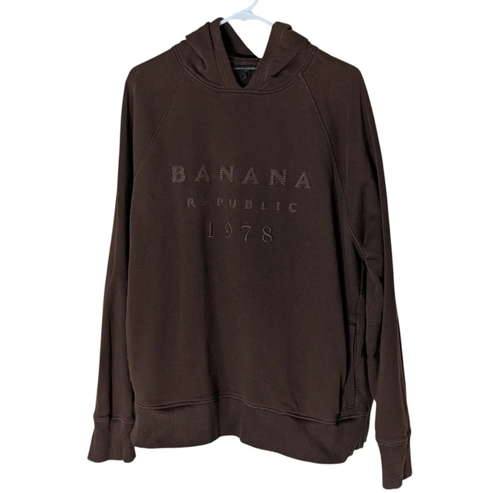 Banana Republic Hooded Sweatshirt Pockets‎ Brown Textured Logo Mens Large